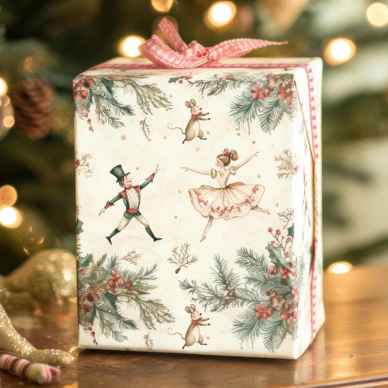 May include: A white gift wrap with a festive Christmas design featuring a ballerina, a nutcracker, and mice. The wrapping paper has a red and white checkered border.