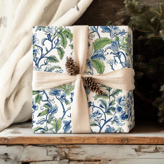 Blue & Green Chinoiserie Floral Gift Wrap, Elegant Floral Wrapping Paper, Luxury Gift Wrap for Christmas, Mother's Day, Hostess Gift