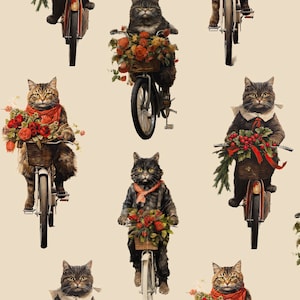 May include: A seamless pattern featuring black and brown tabby cats wearing Santa hats and riding bicycles with baskets filled with flowers and greenery. The background is a cream color.