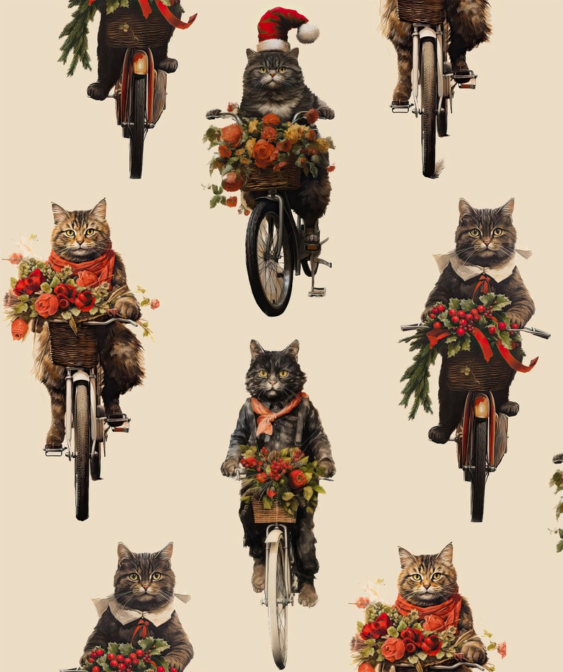 May include: A seamless pattern featuring black and brown tabby cats wearing Santa hats and riding bicycles with baskets filled with flowers and greenery. The background is a cream color.