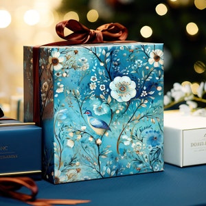 Papel de embrulho elegante com estampa floral turquesa, papel de embrulho para presente com estampa de pássaros, papel de embrulho vintage, papel de embrulho com estampa floral de pássaros, rolos de papel de embrulho imagem 1