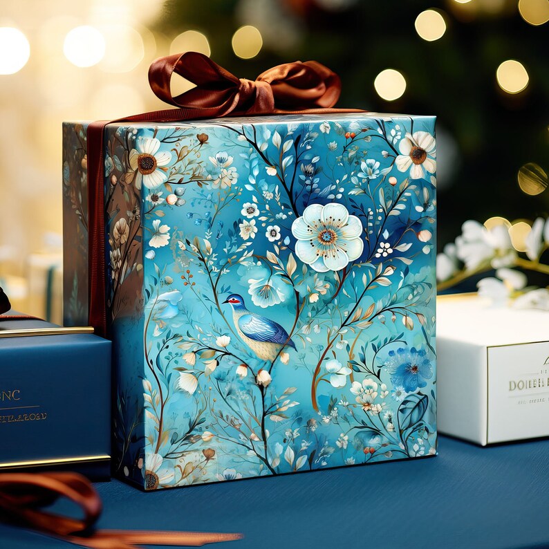 Papel de embrulho elegante com estampa floral turquesa, papel de embrulho para presente com estampa de pássaros, papel de embrulho vintage, papel de embrulho com estampa floral de pássaros, rolos de papel de embrulho imagem 1