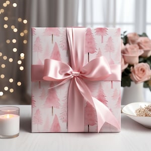 Eco-Friendly Pink Christmas Trees on White Wrapping Paper, Gift Wrap, Birthday Gift Wrap, Party Wrapping Papr