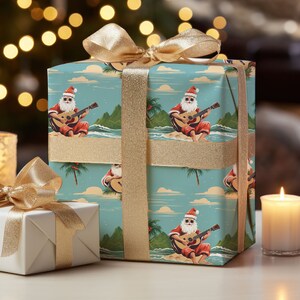 May include: A blue and white wrapping paper with a repeating pattern of Santa Claus playing a guitar on a tropical island. The paper is wrapped around a gift box with a gold ribbon.