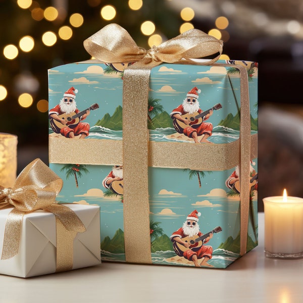 Santa's Tropical Island Serenade Wrapping Paper, Musical Santa Gift Wrap, Guitar Playing Santa Christmas Gift Wrap, Xmas Wrapping Paper