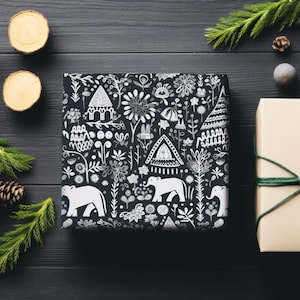 Scandi Elephant Doodles Geschenkpapier, Geschenkpapierrolle Elefant, schwarzes Geschenkpapier, Geschenkpapierrolle