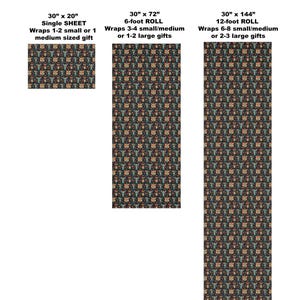 May include: Three size options for wrapping paper featuring a colorful pattern of cartoon animal faces on a black background. The sizes are 30 inches by 20 inches, 30 inches by 72 inches, and 30 inches by 144 inches.