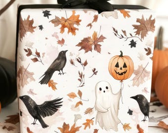 Whimsical Ghost and Crow Halloween Gift Wrap, Halloween Gift Wrap, Holiday Wrapping Paper, Birthday Gift Wrap, Hostess Gift, Autumn