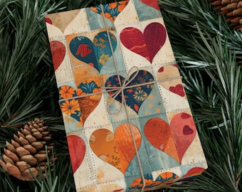 Papel de embrulho com corações inspirados em colchas para o Dia dos Namorados, papel de embrulho para presente de Dia dos Namorados, papel de embrulho para festas, papel de embrulho com corações