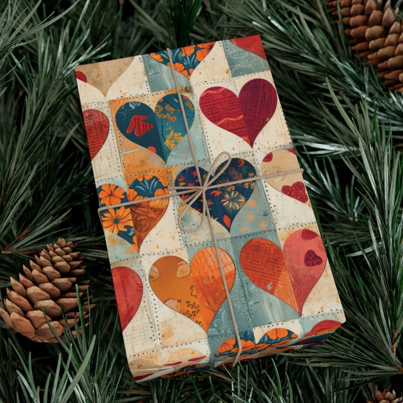 Quilt Inspired Valentine Hearts Wrapping Paper, Valentine Gift Wrap, Holiday Wrapping Paper, Hearts Gift Wrap image 1