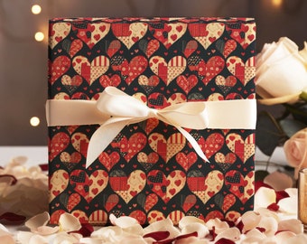 Papier cadeau Saint-Valentin patchwork coeurs, emballage cadeau Saint-Valentin, papier cadeau vacances, emballage cadeau rouge et noir