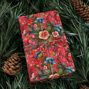 Russian Floral Inspired Red Wrapping Paper, Christmas Gift Wrap, Elegant Wrapping Paper