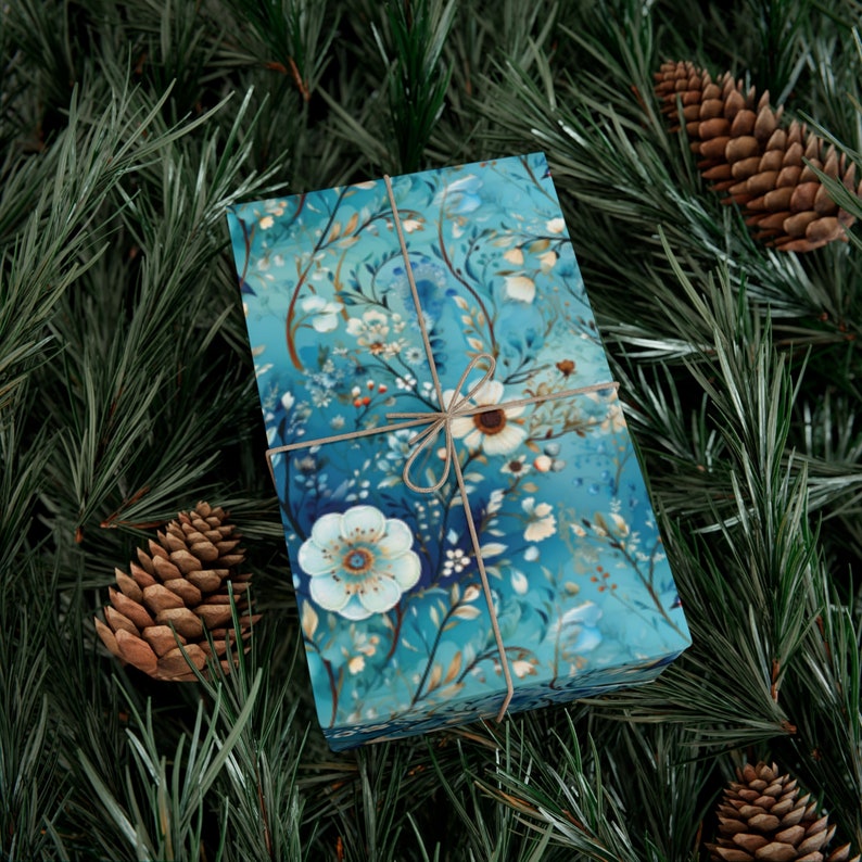 Papel de embrulho elegante com estampa floral turquesa, papel de embrulho para presente com estampa de pássaros, papel de embrulho vintage, papel de embrulho com estampa floral de pássaros, rolos de papel de embrulho imagem 8