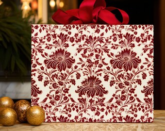 Papel de embrulho floral inspirado em damasco vermelho, papel de embrulho para presente de Dia dos Namorados, papel de embrulho para presente de Natal, papel de embrulho para feriados, papel de embrulho para aniversários