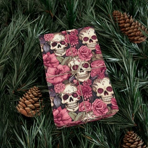 Pink & White Floral Skull Wrapping Paper, Valentine Gift Wrap, Birthday Gift Wrap, Party Wrapping Paper, Goth Valentine's Day image 4