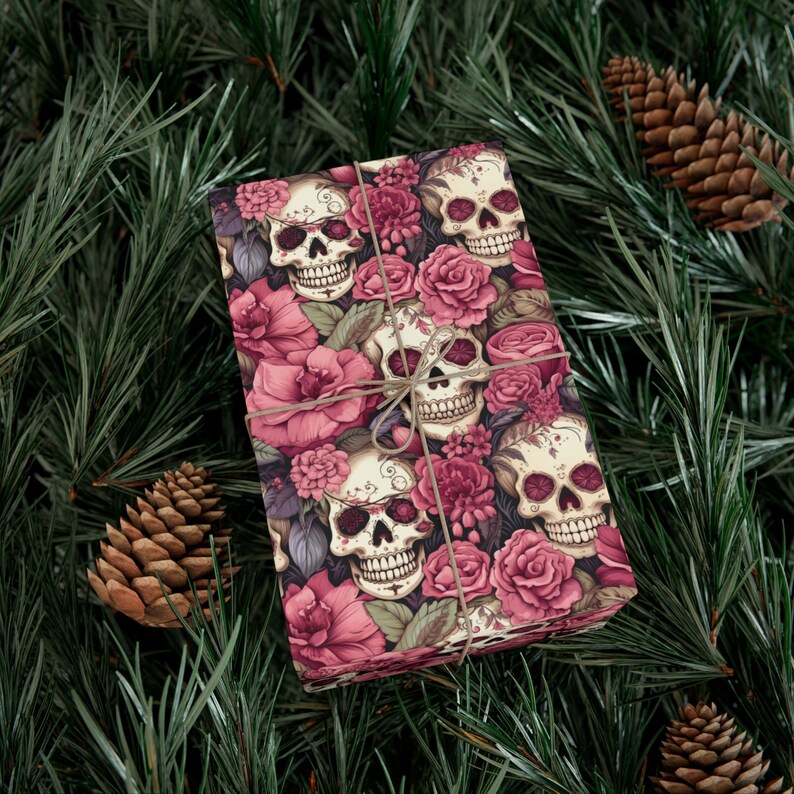 Pink & White Floral Skull Wrapping Paper, Valentine Gift Wrap, Birthday Gift Wrap, Party Wrapping Paper, Goth Valentine's Day image 4