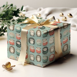 Papier cadeau Noël hérissons et amis, Emballage cadeau Noël, Rouleaux de papier cadeau, Papier cadeau hérissons, Emballage cadeau animaux mignons image 1