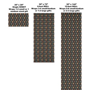 May include: Three size options for wrapping paper featuring a colorful pattern of cartoon animal faces on a black background. The sizes are 30 inches by 20 inches, 30 inches by 72 inches, and 30 inches by 144 inches.