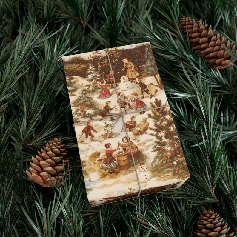 May include: Vintage-style Christmas wrapping paper with a snowy scene featuring children playing in the snow. The paper is brown and white with red, green, and blue accents. The children are wearing winter clothing and are playing with a snowman.
