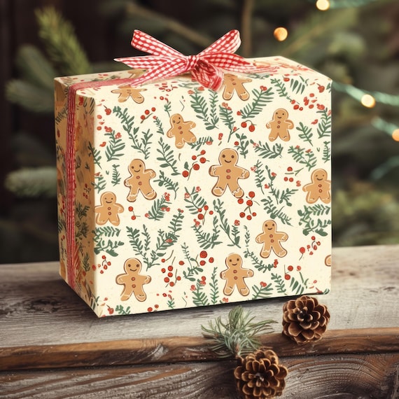 Nostalgic Vintage Gingerbread Man Gift Wrap, Christmas Gift Wrap, Holiday Wrapping Paper, Hostess Gift, Festive