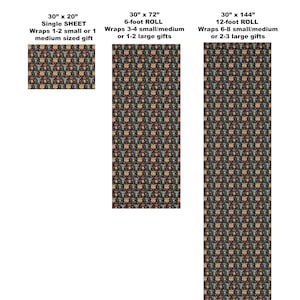 May include: Three size options for wrapping paper featuring a colorful pattern of cartoon animal faces on a black background. The sizes are 30 inches by 20 inches, 30 inches by 72 inches, and 30 inches by 144 inches.