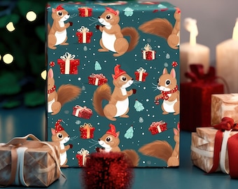 Adorable Christmas Squirrels Wrapping Paper, Christmas Gift Wrap, Holiday Wrapping Paper