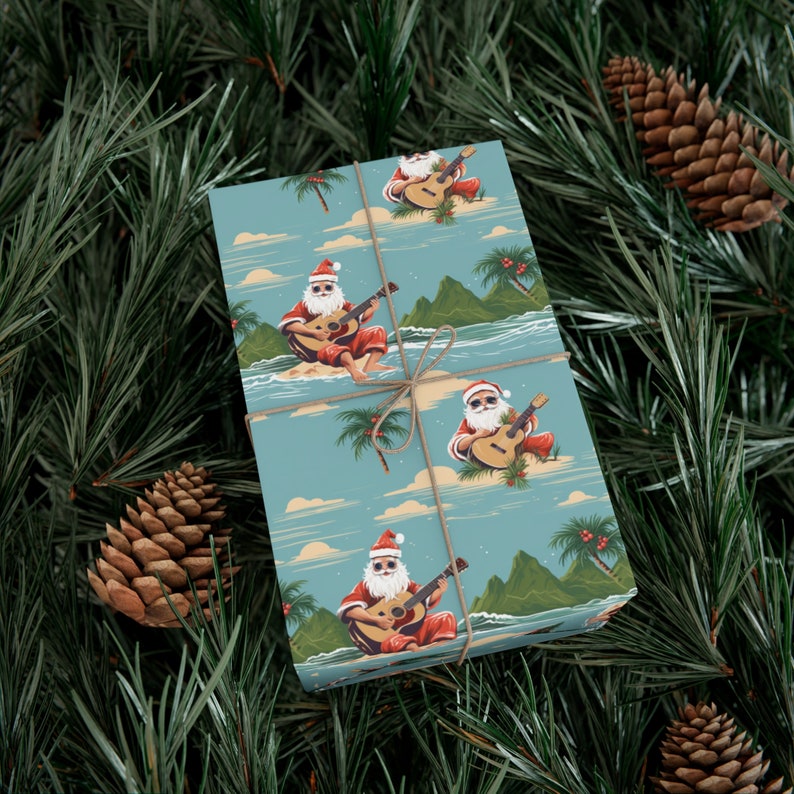 Santa's Tropical Island Serenade Wrapping Paper, Musical Santa Gift Wrap, Guitar Playing Santa Christmas Gift Wrap, Xmas Wrapping Paper image 5