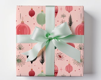 Rosa Retro Weihnachtsverzierungen Geschenkpapier, Weihnachtsgeschenkverpackung, Geschenkpapierrollen, Vögel Geschenkpapier, Vintage Geschenkverpackung