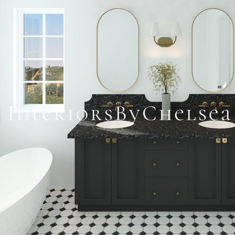 May include: A black bathroom vanity with two sinks, a black countertop, and gold hardware. The vanity has two cabinets and three drawers. There are two oval mirrors above the sinks, and a small plant in a pot on the countertop. The floor is tiled in black and white.