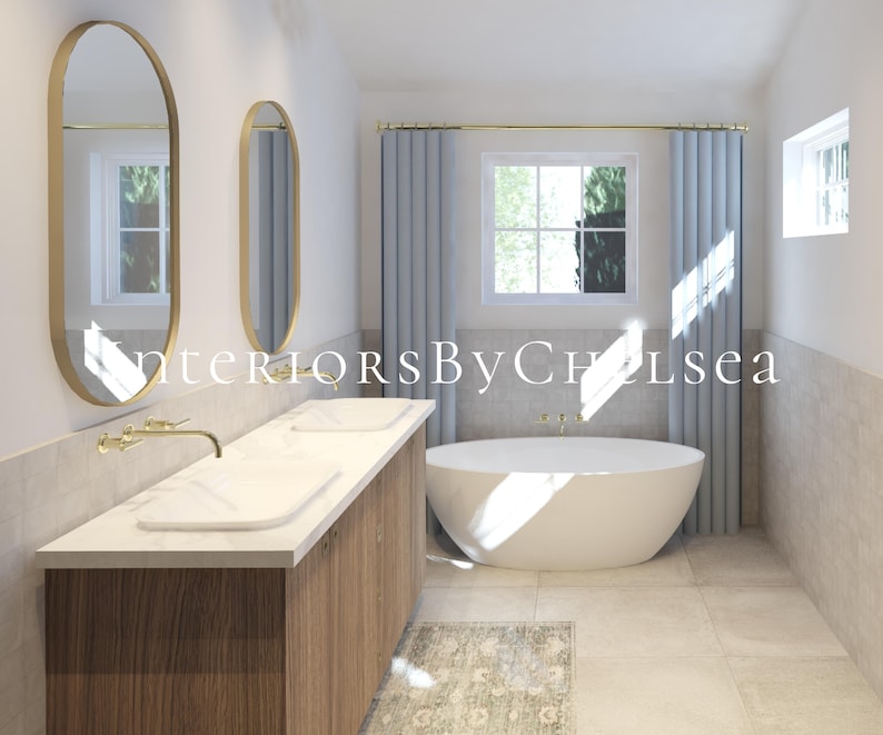 May include: A modern bathroom with a double vanity, two oval mirrors, a freestanding bathtub, and light blue curtains. The bathroom has a light beige tile floor and a light gray tiled wall.