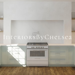 May include: A kitchen featuring light green cabinets with silver hardware, a white range stove with a gas cooktop, and a wall-mounted pot filler faucet. The text InteriorsByChelsea is centered over the white marble backsplash and wooden flooring.