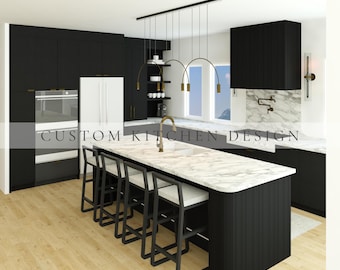 Puede incluir: Un interior de cocina con armarios negro mate, una isla con encimera de mármol blanco con cuatro taburetes negros y un grifo de latón. El espacio incluye un refrigerador blanco, un horno doble y una lámpara colgante con el texto CUSTOM KITCHEN DESIGN.