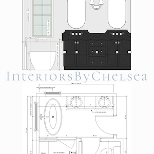 Puede incluir: Un plano de baño en blanco y negro con medidas en pulgadas. El plano muestra un tocador doble con dos lavabos, una bañera, una ducha y un inodoro. El texto "Interiors By Chelsea" es visible en el centro de la imagen.