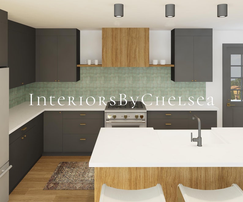 May include: A modern kitchen with dark gray cabinets, white countertops, and a wood-toned island. The backsplash is a light green tile. The kitchen features a stainless steel stove and a farmhouse sink.