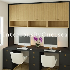 May include: A modern home office setup featuring a black desk with two computer monitors, keyboards, and white chairs. Above the desk are wooden cabinets and open shelves. The text "InteriorsByChelsea" is visible.
