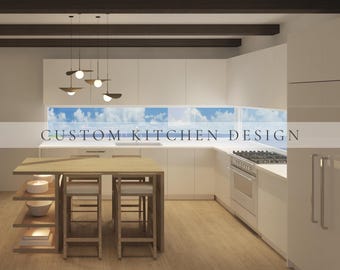 Puede incluir: Una cocina con armarios blancos, una isla de madera clara con estantes integrados y dos taburetes de madera. Sobre la isla cuelgan cuatro lámparas colgantes. Una ventana horizontal muestra un cielo azul. El texto CUSTOM KITCHEN DESIGN aparece.