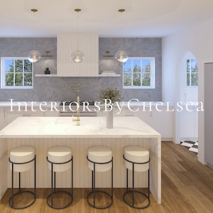 May include: A white kitchen island with a marble countertop and four black bar stools. The island has a white wood paneling on the front. The kitchen has a gray tiled backsplash and white cabinets. The text "Interiors By Chelsea" is visible in the image.