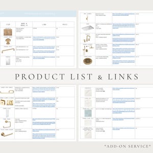 May include: A digital product list and links document titled Interiors by Chelsea, featuring a grid layout of home renovation items including gold cabinet hardware, bathroom fixtures, white tiles, and mirrors with corresponding model names and URLs.