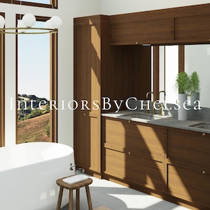 May include: A modern bathroom with a white bathtub, a wooden vanity with two sinks, and a large window with a view of rolling hills. The vanity has brass hardware and a gray countertop. The text "Interiors By Chelsea" is visible in the image.