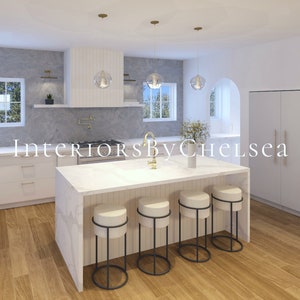 May include: A white kitchen island with a marble countertop and four black bar stools. The island has a white wood paneling on the front. The kitchen has white cabinets and a gray tiled backsplash.