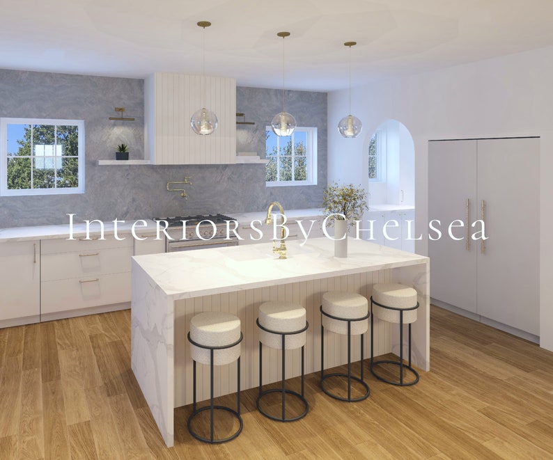 May include: A white kitchen island with a marble countertop and four black bar stools. The island has a white wood paneling on the front. The kitchen has white cabinets and a gray tiled backsplash.
