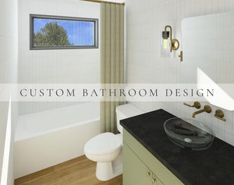 May include: A bathroom interior featuring white tiled walls, a white bathtub, a white toilet, and a sage green vanity cabinet with a black countertop. A glass vessel sink, gold faucet, and gold wall sconce are present. Text reads CUSTOM BATHROOM DESIGN.