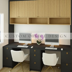 May include: A custom office design featuring a dual workstation with black cabinetry, gold hardware, and light wood upper cabinets. Two white chairs with gold legs are positioned at the desk, each with a computer monitor and keyboard.