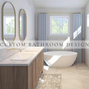 Puede incluir: Un interior de baño con un mueble de madera con dos lavabos blancos, dos espejos ovalados con marcos dorados y una bañera exenta blanca. Cortinas azul claro cuelgan junto a una ventana, con el texto CUSTOM BATHROOM DESIGN en el centro.