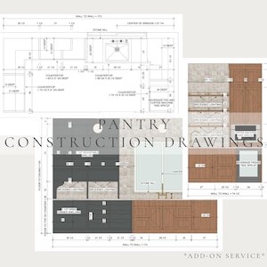 May include: Pantry construction drawings featuring detailed architectural floor plans and elevation views with precise measurements in inches. The technical diagrams include labels for countertops, recessed lighting, shelving, and appliance placements.