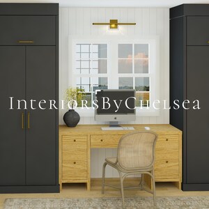 May include: A home office with a desk and chair in front of a window. The desk is made of wood and has a light wood finish. The chair is made of wicker and has a natural finish. The window is white and has a view of a green lawn. There are two black cabinets on either side of the desk. The text "Interiors By Chelsea" is visible in the image.