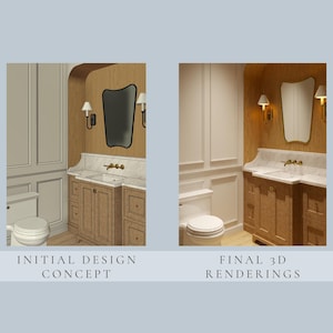 May include: A side-by-side comparison of a bathroom design featuring an initial design concept sketch and a final 3D rendering. Both images show a wooden vanity, marble countertop, white toilet, arched wall niche, and a wall-mounted mirror.