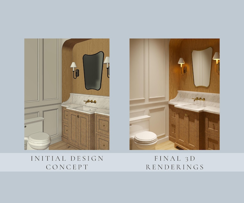 May include: A side-by-side comparison of a bathroom design featuring an initial design concept sketch and a final 3D rendering. Both images show a wooden vanity, marble countertop, white toilet, arched wall niche, and a wall-mounted mirror.