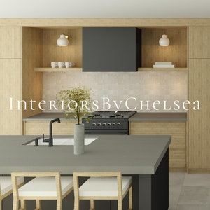 May include: A modern kitchen with light wood cabinets, a black range hood, and a gray kitchen island with bar stools. The text "Interiors By Chelsea" is displayed on the wall.