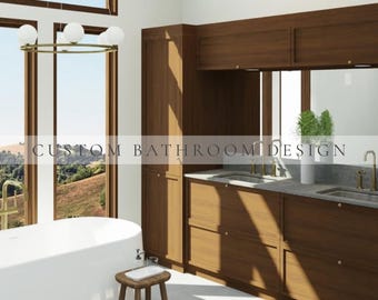 May include: A bathroom interior featuring dark wood cabinetry, a white freestanding bathtub, and a double vanity with a gray countertop. The space includes a gold-toned chandelier with globe lights and a large mirror. Text reads CUSTOM BATHROOM DESIGN.